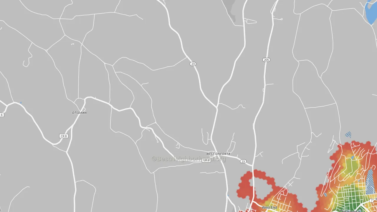 Walk Grade map of 13861, NY, walkable areas in green and car-dependent areas in red