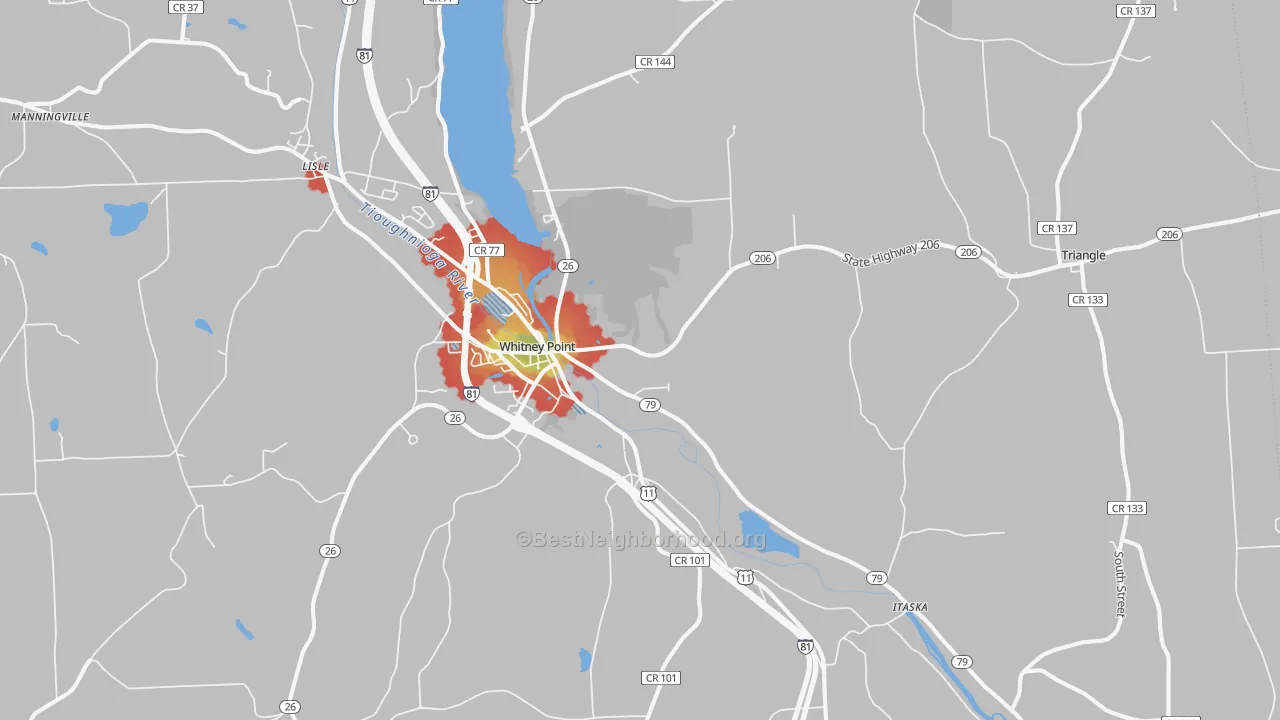 Walk Grade map of 13862, NY, walkable areas in green and car-dependent areas in red