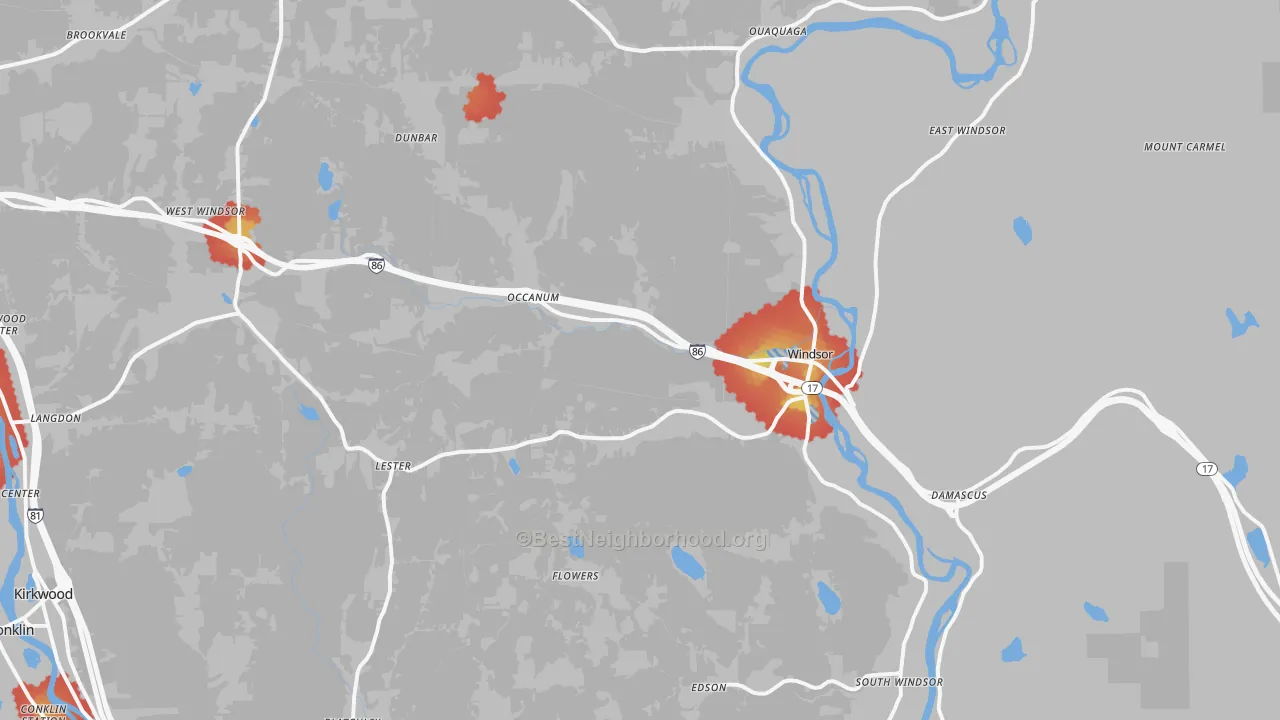 Walk Grade map of 13865, NY, walkable areas in green and car-dependent areas in red