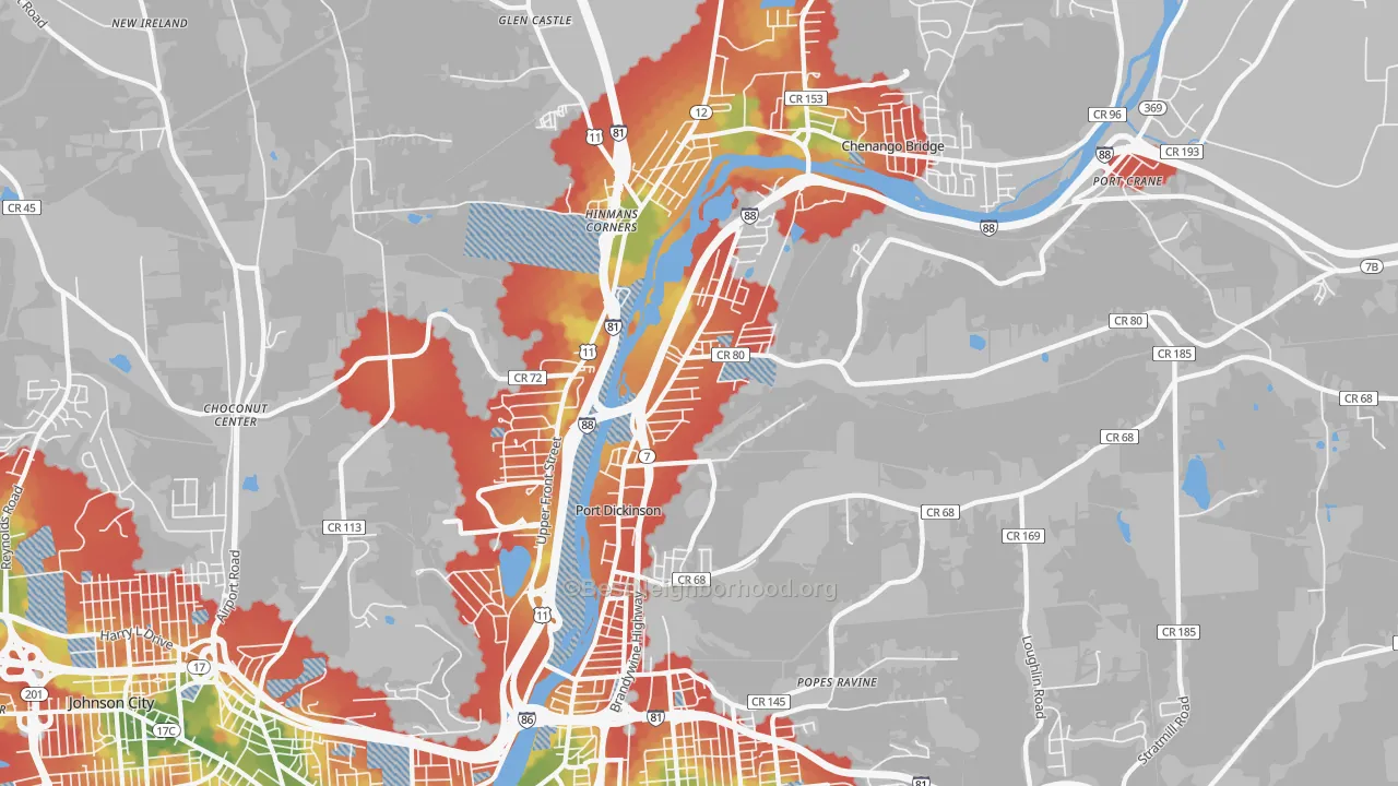 Walk Grade map of 13901, NY, walkable areas in green and car-dependent areas in red