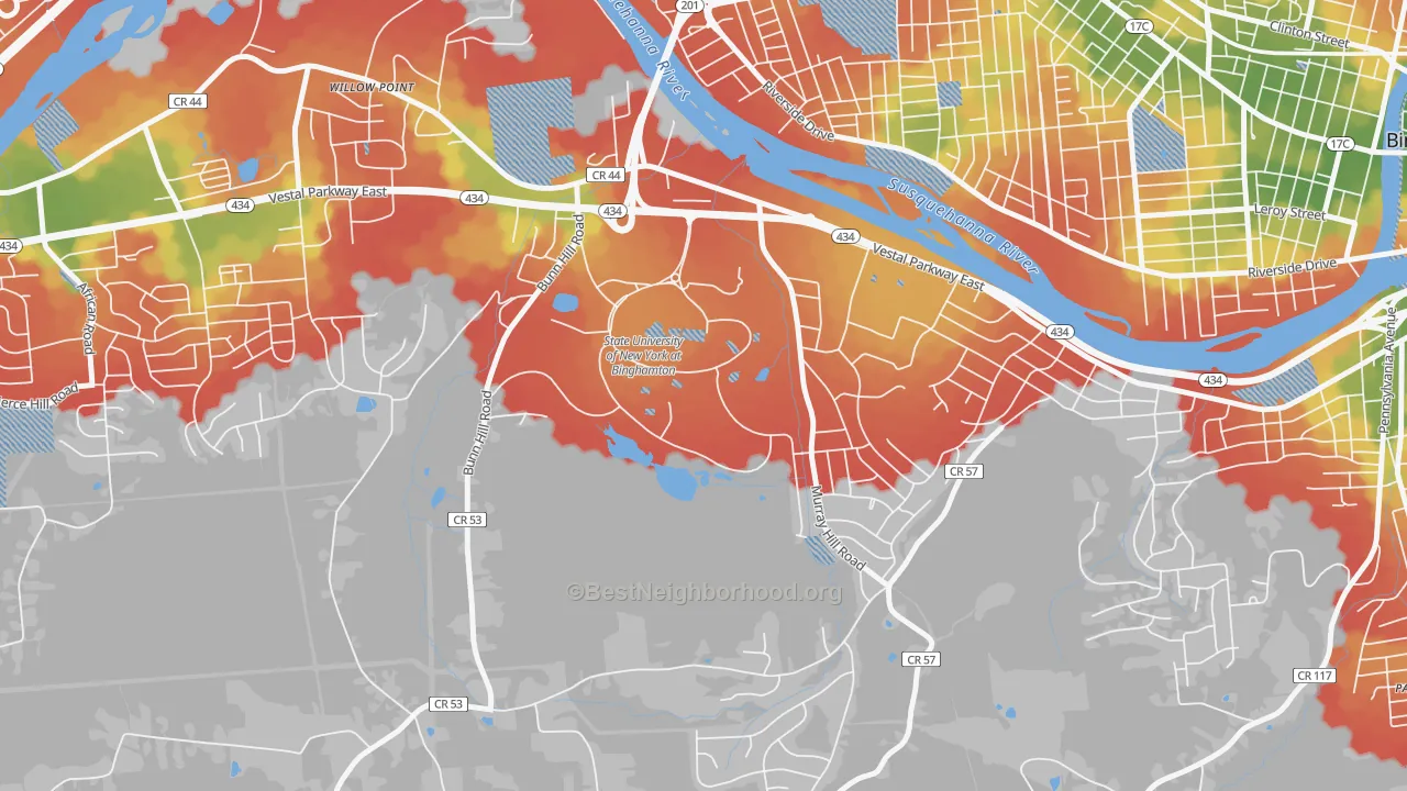 Walk Grade map of 13902, NY, walkable areas in green and car-dependent areas in red
