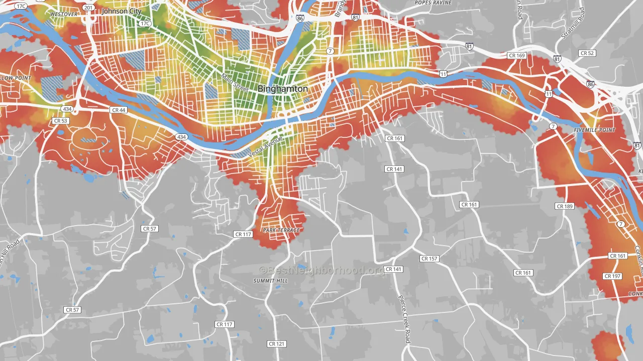Walk Grade map of 13903, NY, walkable areas in green and car-dependent areas in red