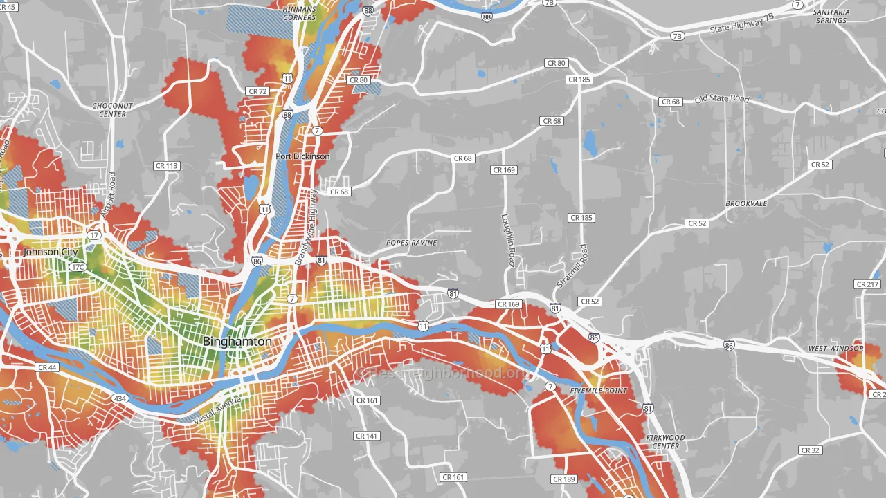 Walk Grade map of 13904, NY, walkable areas in green and car-dependent areas in red