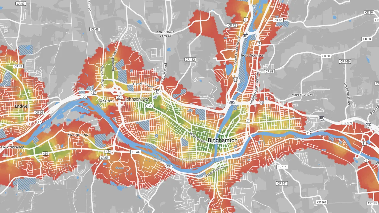 Walk Grade map of 13905, NY, walkable areas in green and car-dependent areas in red