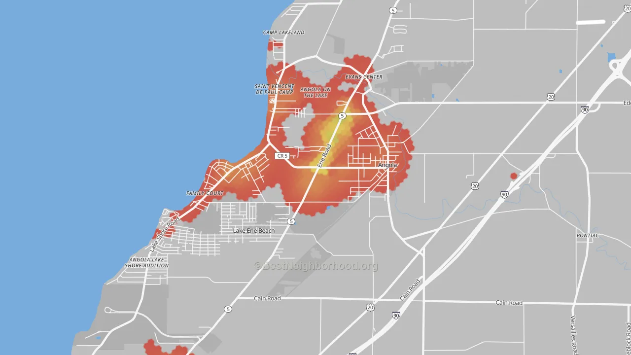 Walk Grade map of 14006, NY, walkable areas in green and car-dependent areas in red