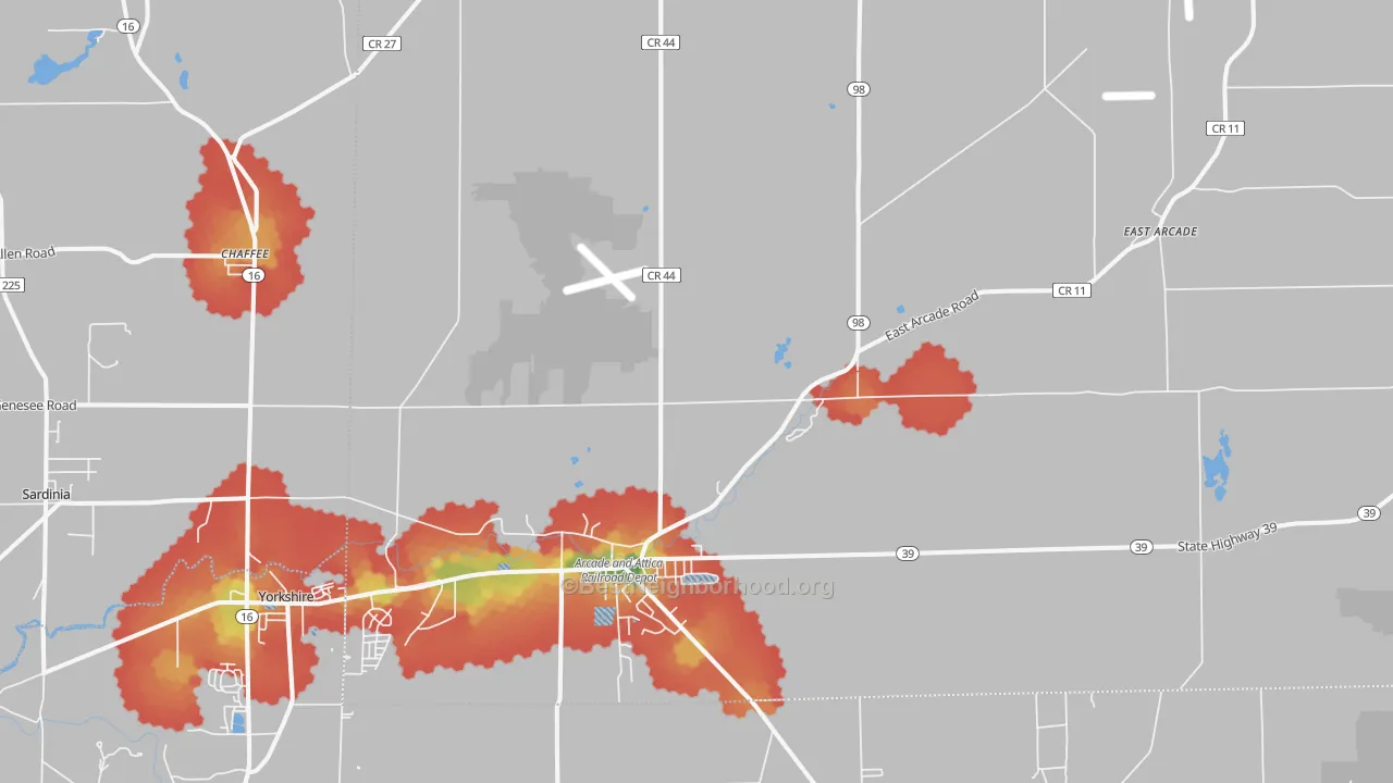 Walk Grade map of 14009, NY, walkable areas in green and car-dependent areas in red