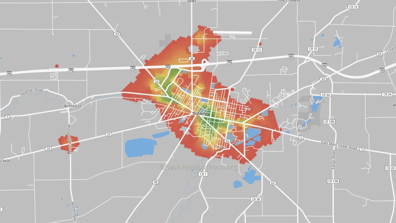 Walk Grade map of 14020, NY, walkable areas in green and car-dependent areas in red