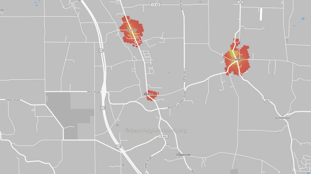 Walk Grade map of 14025, NY, walkable areas in green and car-dependent areas in red