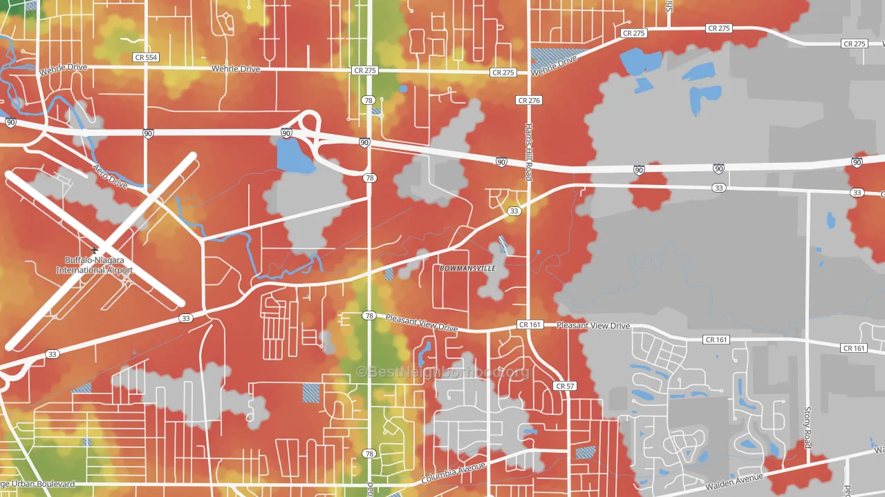 Walk Grade map of 14026, NY, walkable areas in green and car-dependent areas in red