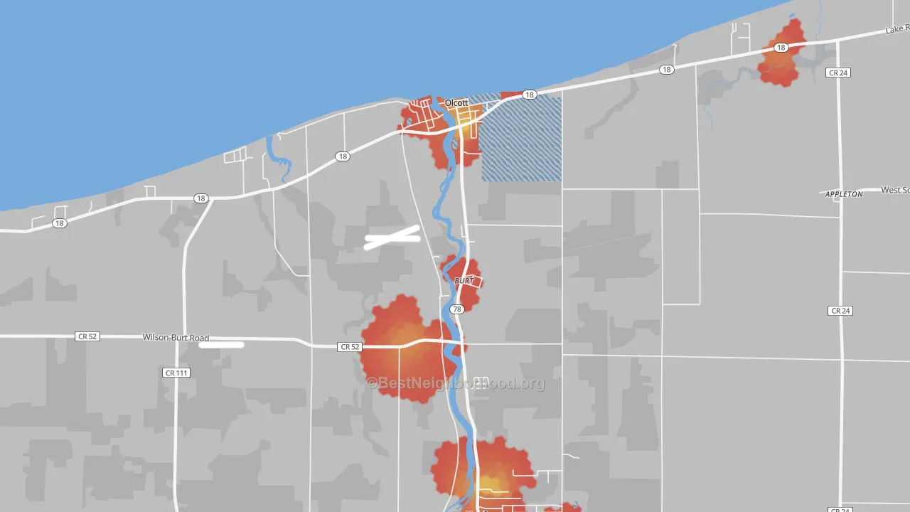 Walk Grade map of 14028, NY, walkable areas in green and car-dependent areas in red