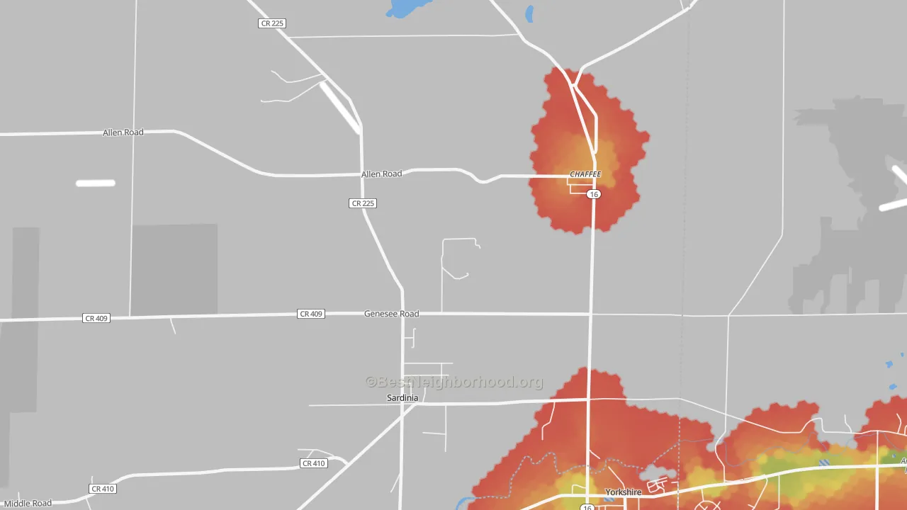 Walk Grade map of 14030, NY, walkable areas in green and car-dependent areas in red
