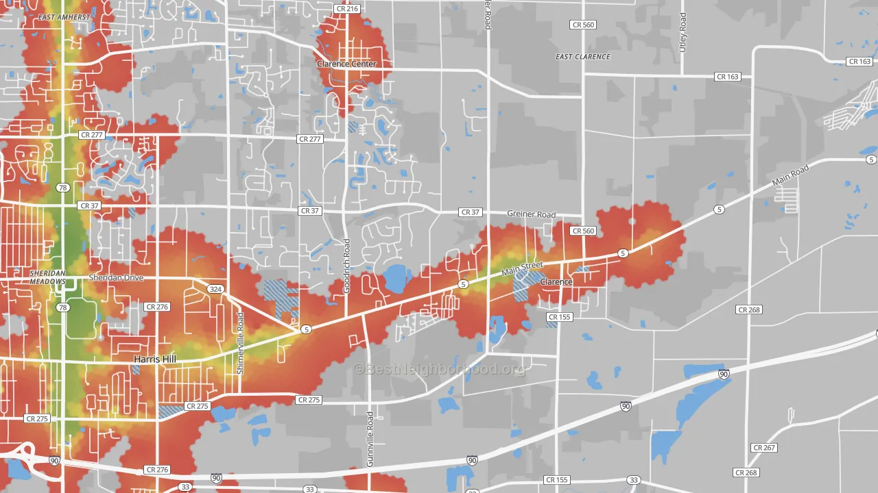 Walk Grade map of 14031, NY, walkable areas in green and car-dependent areas in red