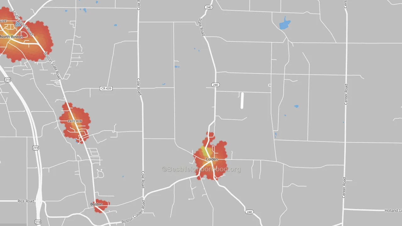 Walk Grade map of 14033, NY, walkable areas in green and car-dependent areas in red