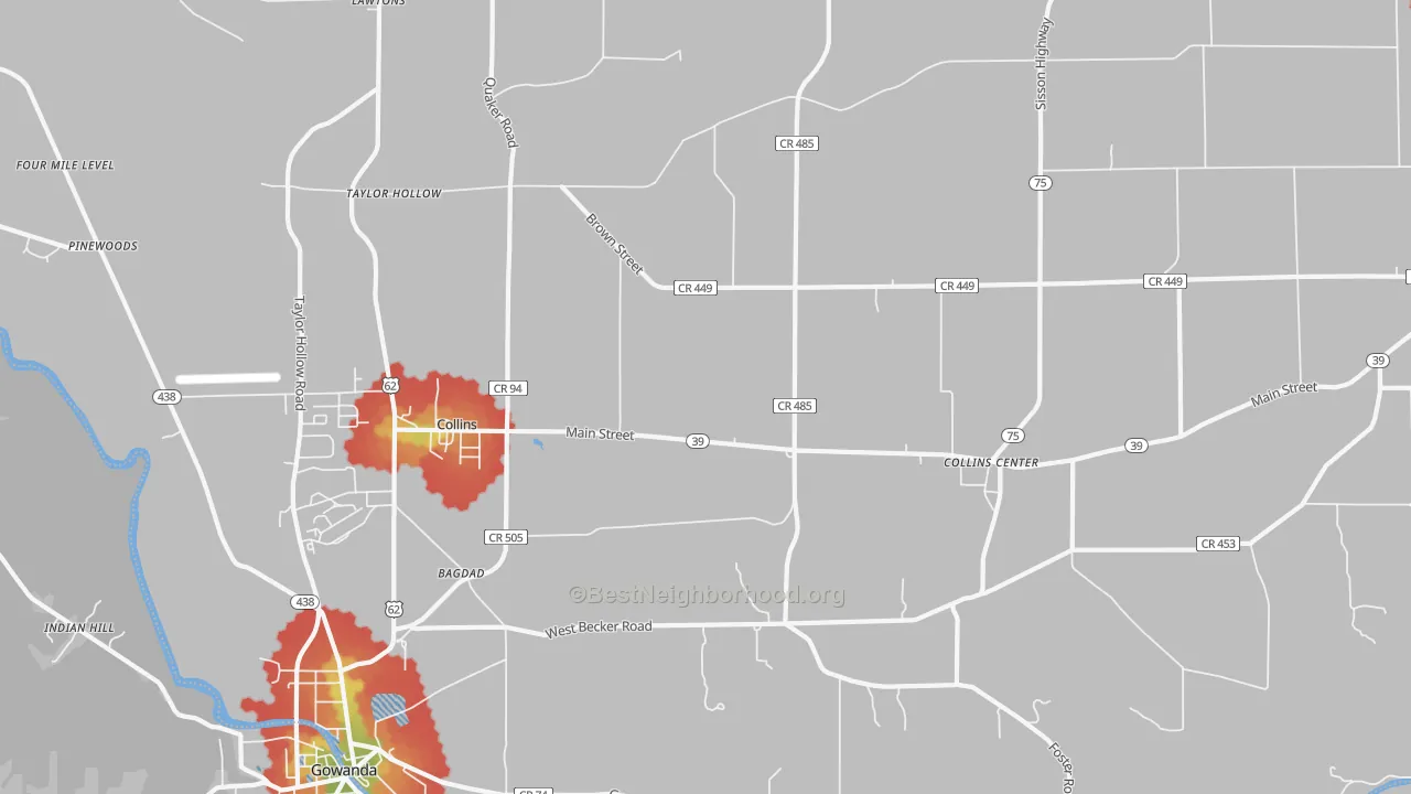 Walk Grade map of 14034, NY, walkable areas in green and car-dependent areas in red