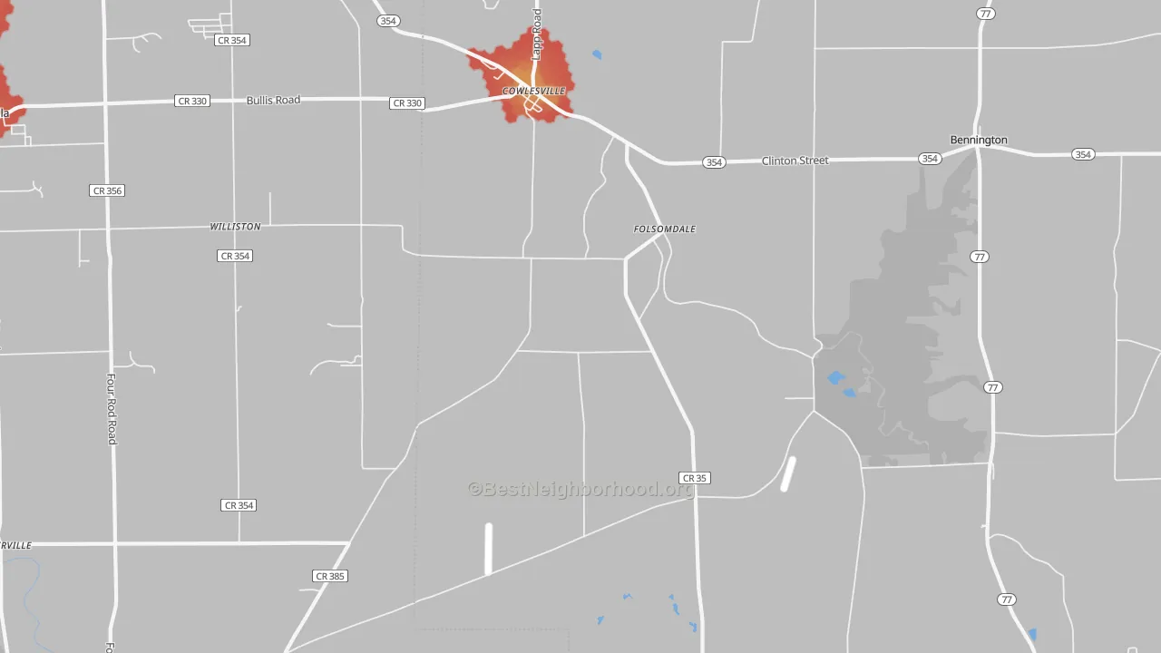 Walk Grade map of 14037, NY, walkable areas in green and car-dependent areas in red