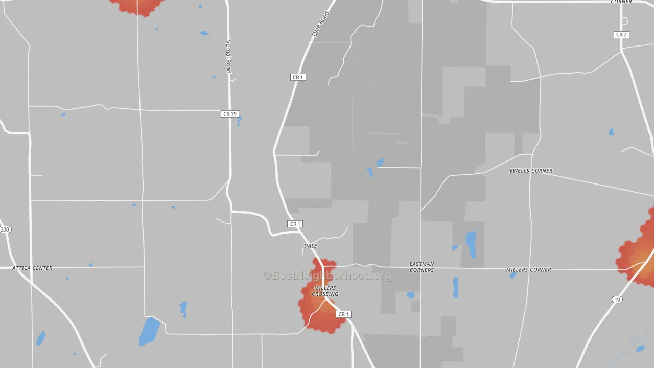 Walk Grade map of 14039, NY, walkable areas in green and car-dependent areas in red