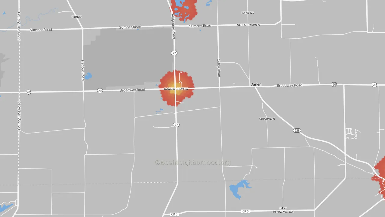 Walk Grade map of 14040, NY, walkable areas in green and car-dependent areas in red