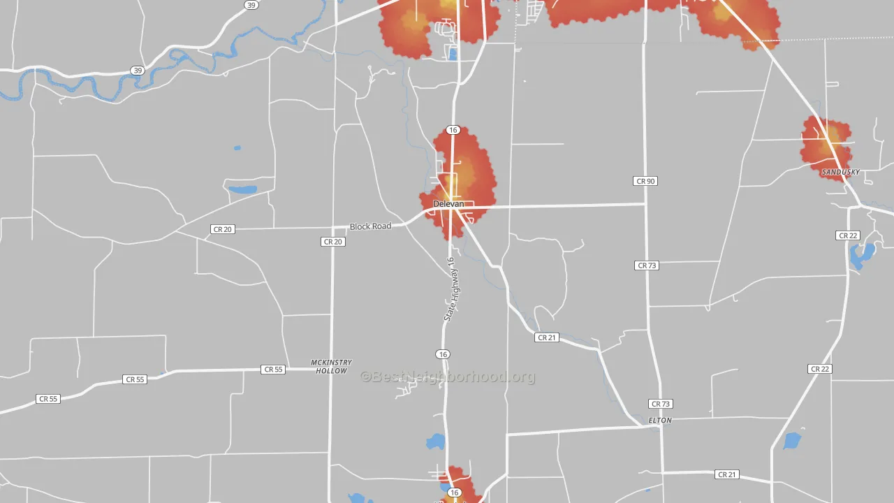 Walk Grade map of 14042, NY, walkable areas in green and car-dependent areas in red