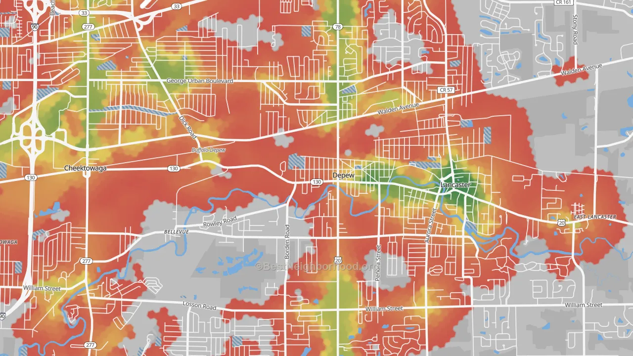 Walk Grade map of 14043, NY, walkable areas in green and car-dependent areas in red