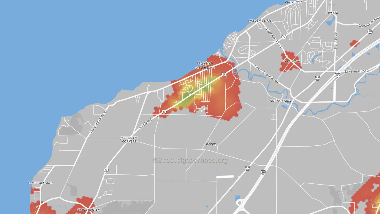 Walk Grade map of 14047, NY, walkable areas in green and car-dependent areas in red