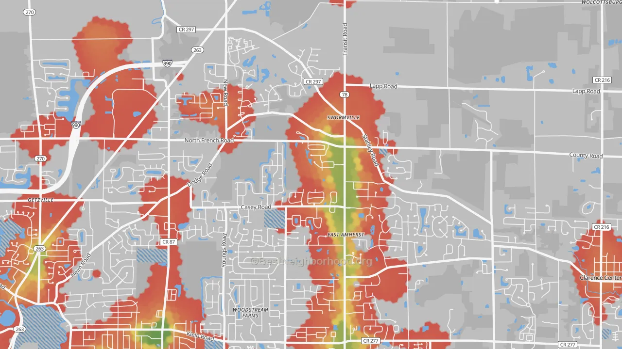 Walk Grade map of 14051, NY, walkable areas in green and car-dependent areas in red