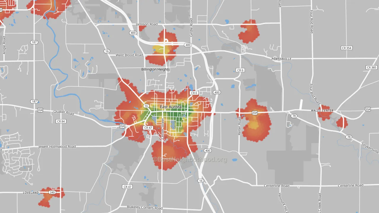 Walk Grade map of 14052, NY, walkable areas in green and car-dependent areas in red