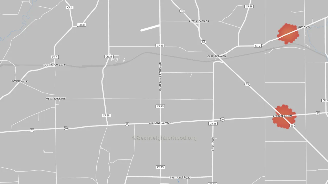 Walk Grade map of 14054, NY, walkable areas in green and car-dependent areas in red