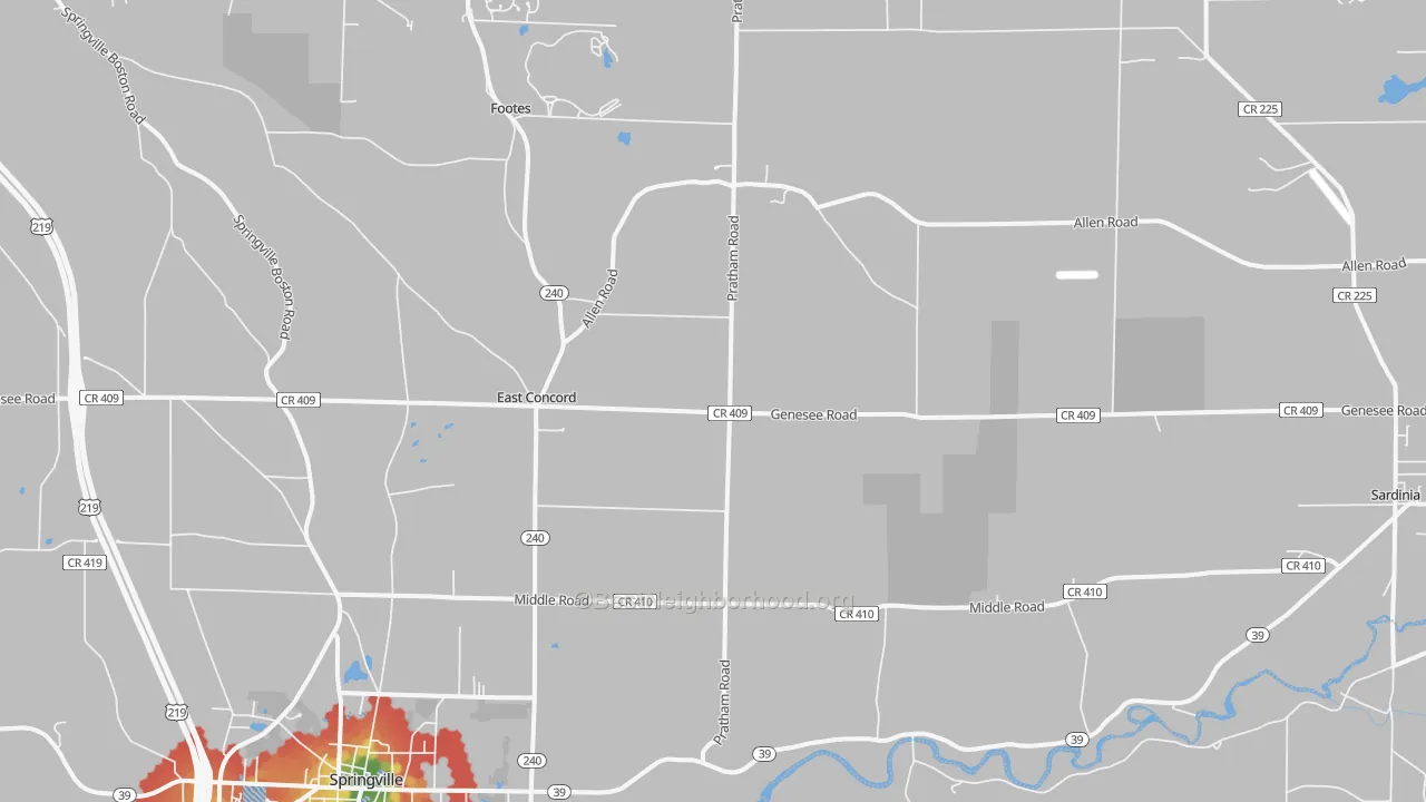 Walk Grade map of 14055, NY, walkable areas in green and car-dependent areas in red