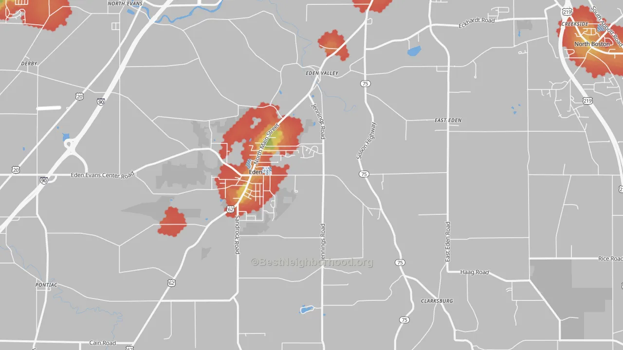 Walk Grade map of 14057, NY, walkable areas in green and car-dependent areas in red