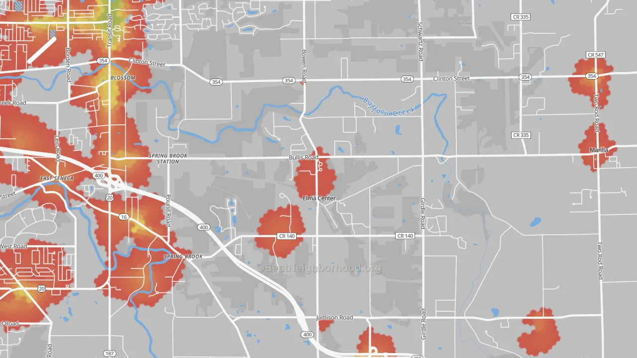 Walk Grade map of 14059, NY, walkable areas in green and car-dependent areas in red