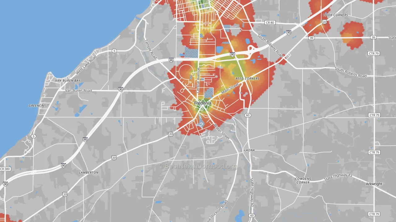 Walk Grade map of 14063, NY, walkable areas in green and car-dependent areas in red