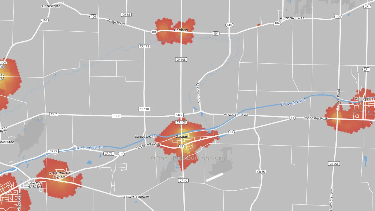 Walk Grade map of 14067, NY, walkable areas in green and car-dependent areas in red