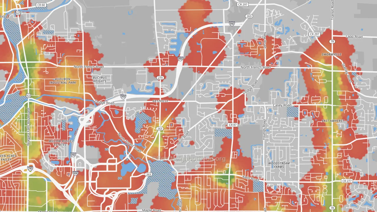 Walk Grade map of 14068, NY, walkable areas in green and car-dependent areas in red