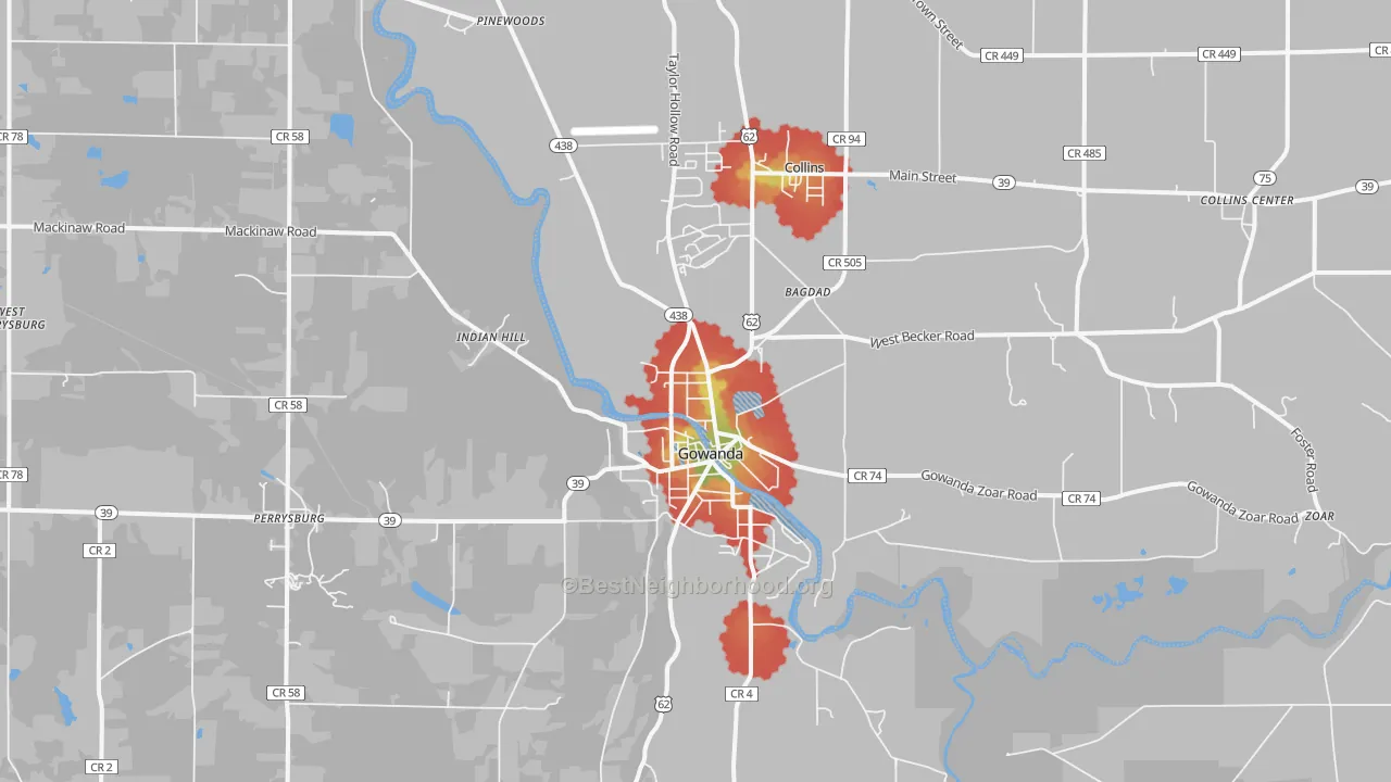 Walk Grade map of 14070, NY, walkable areas in green and car-dependent areas in red