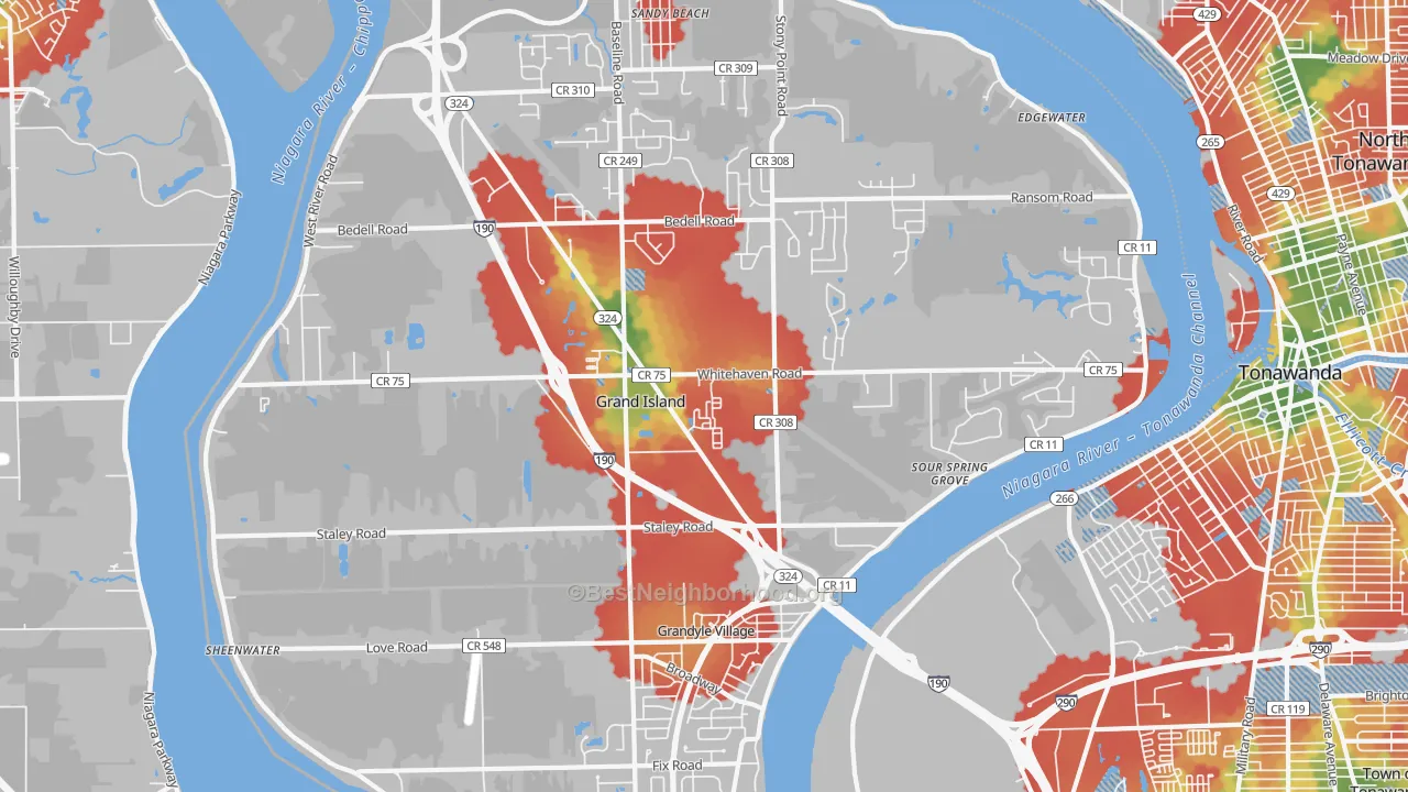Walk Grade map of 14072, NY, walkable areas in green and car-dependent areas in red