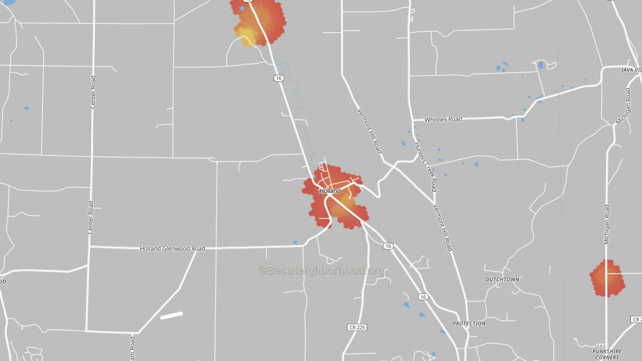 Walk Grade map of 14080, NY, walkable areas in green and car-dependent areas in red