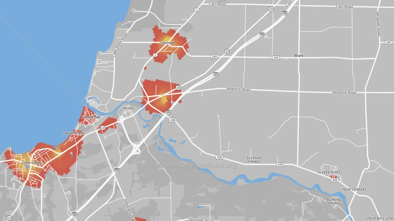 Walk Grade map of 14081, NY, walkable areas in green and car-dependent areas in red