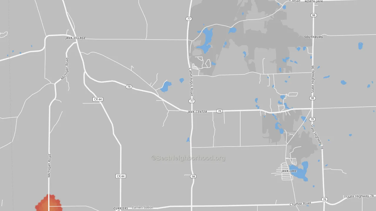 Walk Grade map of 14082, NY, walkable areas in green and car-dependent areas in red