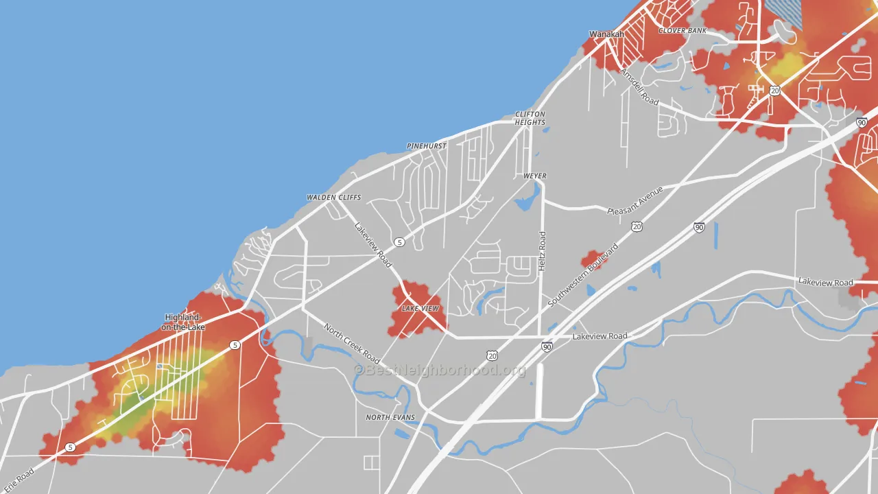 Walk Grade map of 14085, NY, walkable areas in green and car-dependent areas in red
