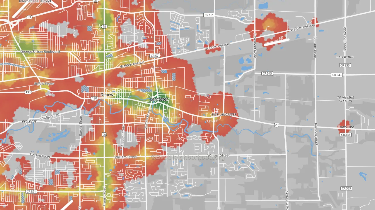 Walk Grade map of 14086, NY, walkable areas in green and car-dependent areas in red