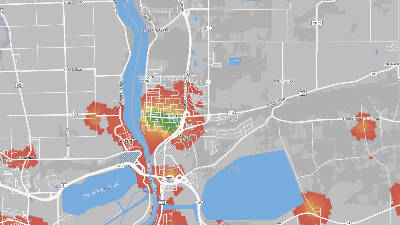 Walk Grade map of 14092, NY, walkable areas in green and car-dependent areas in red