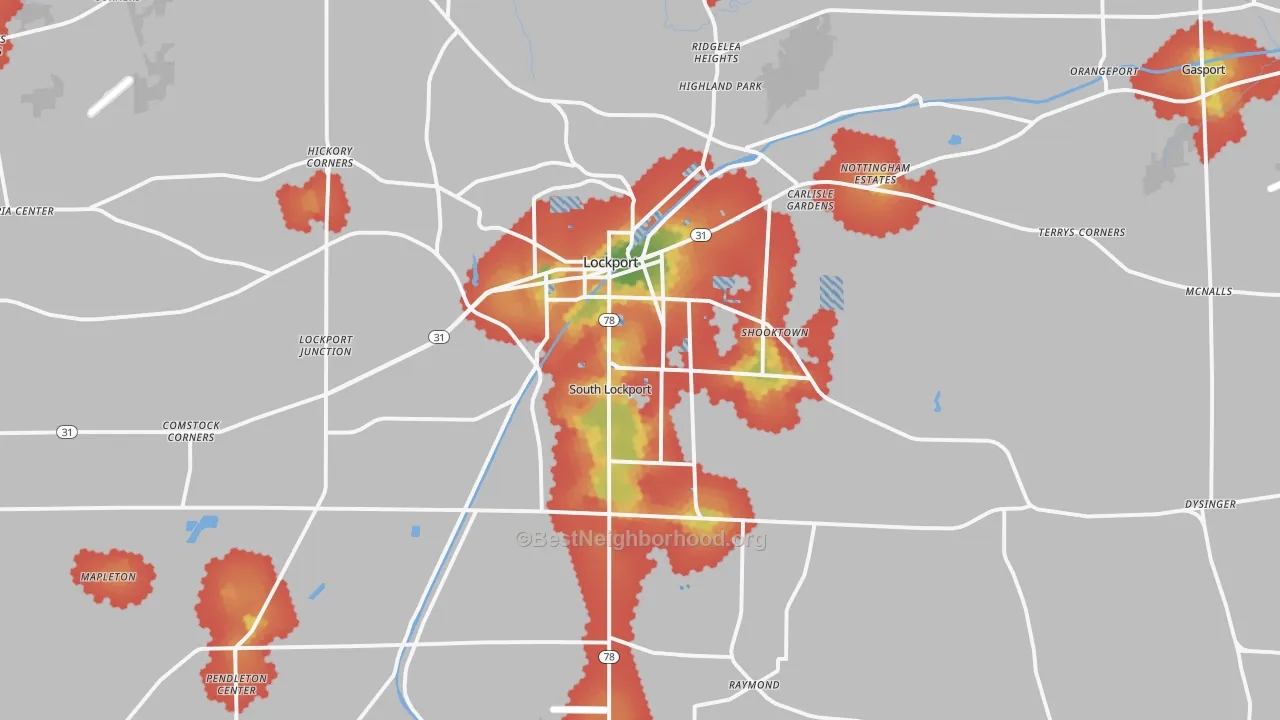 Walk Grade map of 14094, NY, walkable areas in green and car-dependent areas in red