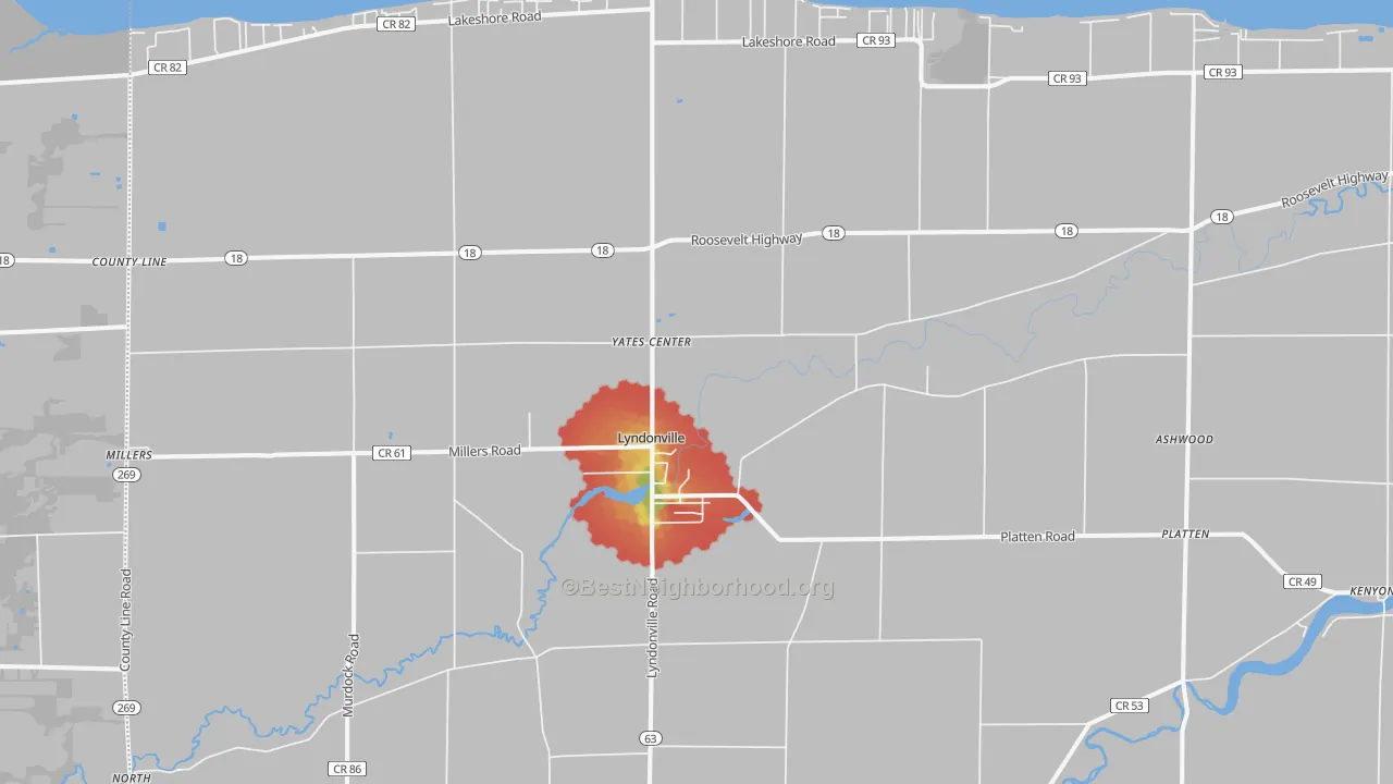 Walk Grade map of 14098, NY, walkable areas in green and car-dependent areas in red