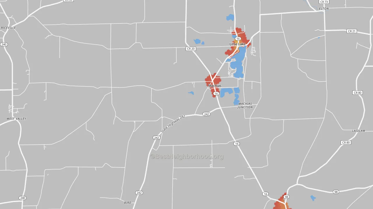Walk Grade map of 14101, NY, walkable areas in green and car-dependent areas in red
