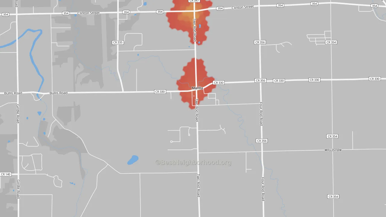 Walk Grade map of 14102, NY, walkable areas in green and car-dependent areas in red