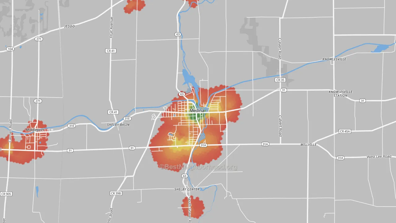 Walk Grade map of 14103, NY, walkable areas in green and car-dependent areas in red