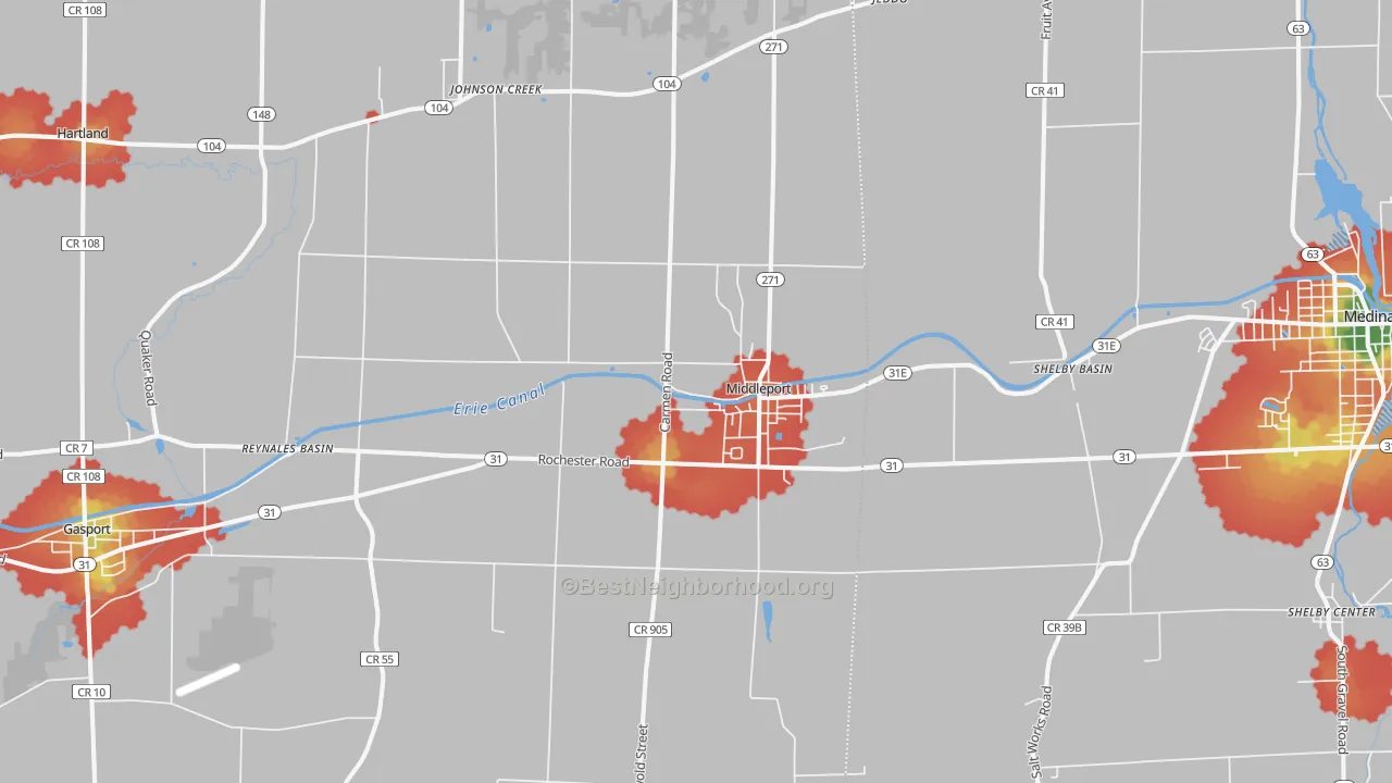 Walk Grade map of 14105, NY, walkable areas in green and car-dependent areas in red