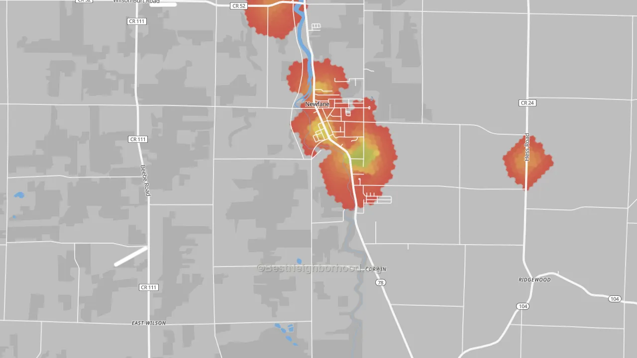Walk Grade map of 14108, NY, walkable areas in green and car-dependent areas in red