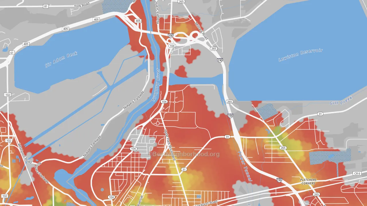 Walk Grade map of 14109, NY, walkable areas in green and car-dependent areas in red