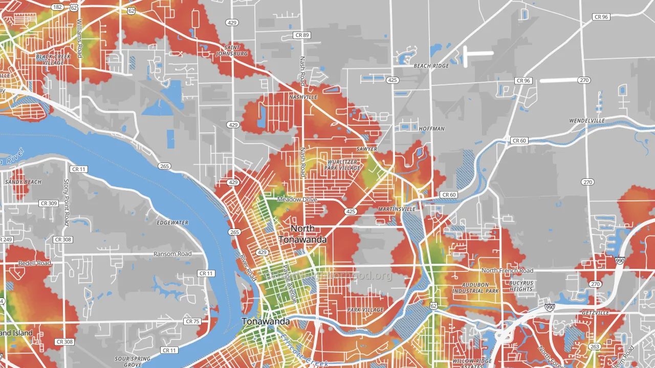 Walk Grade map of 14120, NY, walkable areas in green and car-dependent areas in red